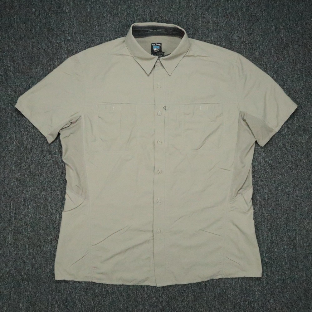 Kuhl Shirt Mens XL Beige Short Sleeve Button Up Hiking Outdoor Nylon Lightweight
